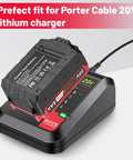 Badass 20V 8.0 Ah Lithium Ion Battery Pack For Porter Cable 20 Volt Max Power Tools charging on quick charger with LED indicators.