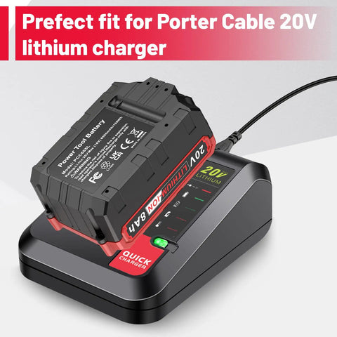Badass 20V 8.0 Ah Lithium Ion Battery Pack For Porter Cable 20 Volt Max Power Tools charging on quick charger with LED indicators.