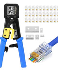 Pass Through RJ45 Crimp Tool Kit All In One Ethernet Crimper For Cat 6 Cat 5e Cat 5 with 30 connectors, blades, and cable close-up