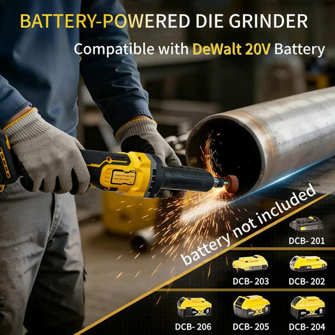 Heavy Duty Cordless Die Grinder Boasting A Beast Mode 26000 Rpm Brushless Motor Alongside One Quarter Inch Collet Plus Four Variable Speeds To Knock Out Metal Wood Plastic Grinding Polishing And Deburring On Site Tool Only in use on metal pipe.