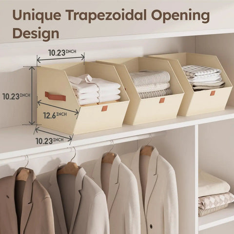 Fabric Closet Storage Cubes 8 Pack with Dual Handles on shelf in closet, light beige, containing folded clothes, front view.