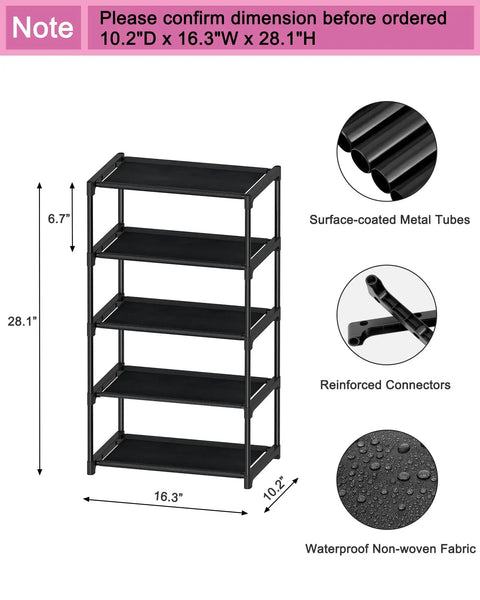 Slim 5 Tier Shoe Rack For Tight Spaces 16.3 Inch Wide Narrow Space Saving Organizer Made From Lightweight Nonwoven Fabric Holds About 10 Pairs with dimensions displayed