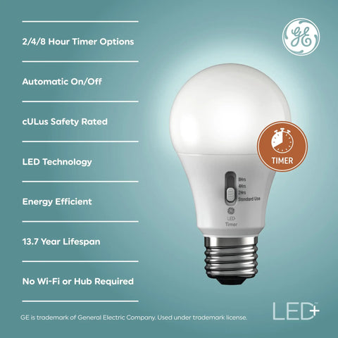 Smart LED A19 Light Bulbs With Built In Timer Auto On Off Schedule 2/4/8 Hour Increments Set It And Forget It E26 Base