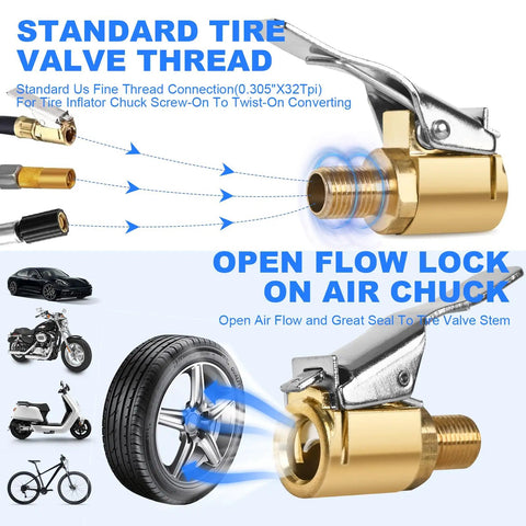 Brass Tire Inflation Hose Adapter With Locking Air Chuck And Threaded Twist Connection visual demonstrating standard tire valve thread.