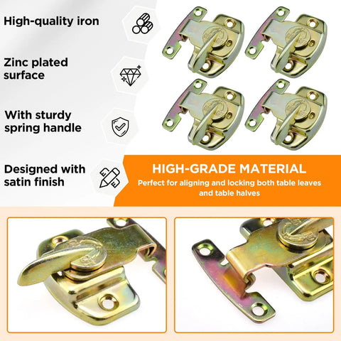 Heavy Duty 4 Piece Dining Table Locks For Rock Solid Alignment And Dead Set Anti Drift Prevention Featuring Tough Spring Loaded Steel Connectors That Keep Tables Locked In Place Without Any Sweat Or Hassle, showing four zinc plated steel connectors with spring handle.