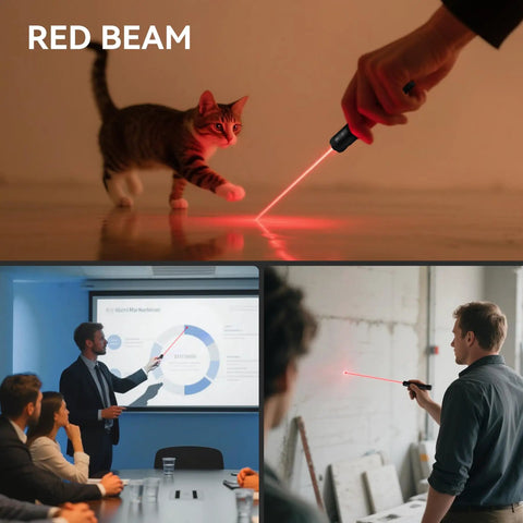 Composite image showing Go To 1200 Lumen Dual Beam LED Flashlight in various uses, including a red beam play with kitten and presentations.