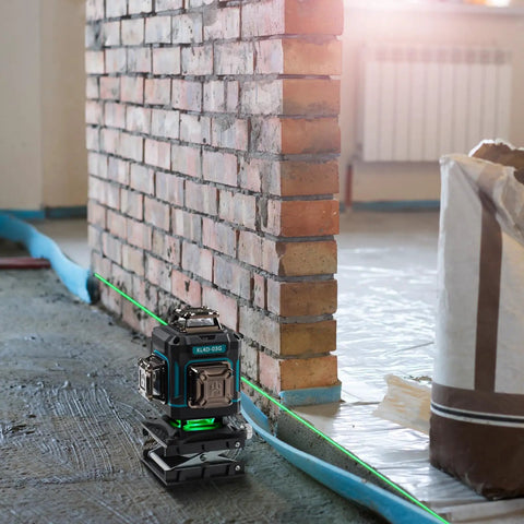 All In One 360 Degree Self Leveling Laser Level Kit With Receiver Tripod And Grade Rod Touch Screen Remote Control 16 Lines 2 Batteries Pro Grade For Construction And Home Renovation on brick wall