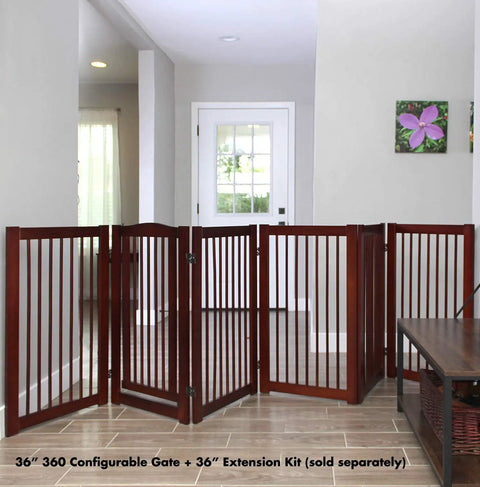 Extension Kit for 360 Configurable Walk Through Folding Pet Gate Expands Openings to 38 Inches Wide set up in living room