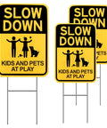 Slow Down Signs With H Stake 16x12 Inches Kids And Pets At Play Double Sided Street Safety Signs Waterproof Fade Resistant Weatherproof Durable Pack Of 3 For Driveways And Neighborhoods.