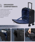 Open view of 14 Inch Underseat Carry On Luggage With Spinner Wheels And USB Charging Port showing interior compartments and quick release handle.