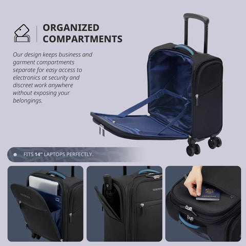 Open view of 14 Inch Underseat Carry On Luggage With Spinner Wheels And USB Charging Port showing interior compartments and quick release handle.