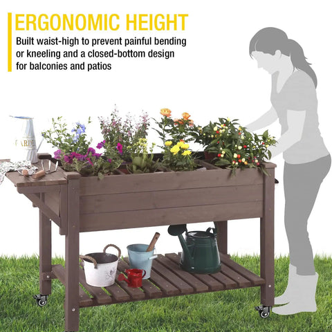 Big Ol Raised Garden Bed On Wheels With Grow Grid And Storage Shelf, Outdoor Elevated Planter For Vegetables And Herbs, 52.7 Inch Long, with plants and storage items.