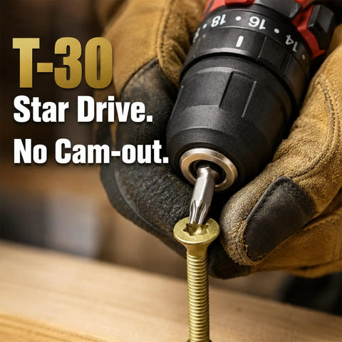 T30 Star Drive in action with bronze self drilling screws for trailer decks and steel panels installation.