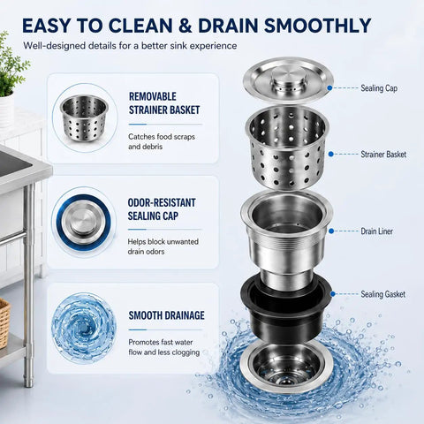 Diagram of easy-to-clean drain parts for Workhorse Utility Sink With Built In Workbench And Hot Cold Mixer Faucet In Stainless Steel 40 In
