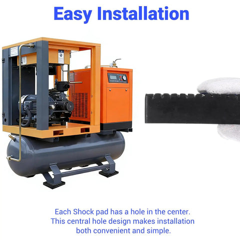 Six Pack Shock Pads For Air Conditioners Washing Machines Dryers Treadmills And Equipment Durable Solid Rubber Vibration Isolation Pads 4 X 4 X 1.17 Inches Heavy Duty Quiet Operation next to industrial machinery highlighting central hole design for easy installation.