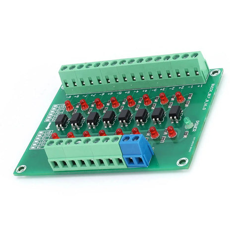 8 Channel Optocoupler PLC Data Converter Board With 20KHz Switching Frequency For Data Isolation And Level Conversion 12V To 3.3V Optical Isolation Module For Industrial Control And PLC Applications, green circuit board with connectors and red components
