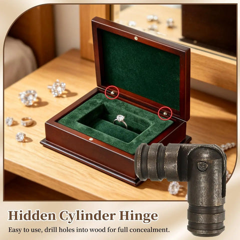 Barrel Hinges 25 Pack Brass Concealed Folding Hinges shown on jewelry box with hidden cylinder design