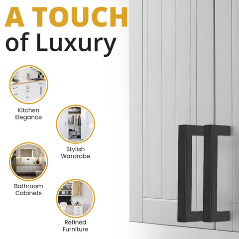 Matte Black Cabinet Pulls 25 Pack, 5.5 Inch Length With 5 Inch Hole Spacing, Modern Minimalist Handles on white cabinet doors