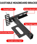 Adjustable Headboard Brackets For Metal Bed Frame Extension Kit With Heavy Duty Gear Easy Hook Up Quick Install Fits Twin Full Queen King Beds Matte Black Finish Pair shown with features labeled including strong and stable, multiple adjustable holes, high weight capacity, rust and corrosion resistant, durable carbon steel.