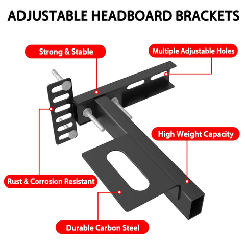 Adjustable Headboard Brackets For Metal Bed Frame Extension Kit With Heavy Duty Gear Easy Hook Up Quick Install Fits Twin Full Queen King Beds Matte Black Finish Pair shown with features labeled including strong and stable, multiple adjustable holes, high weight capacity, rust and corrosion resistant, durable carbon steel.
