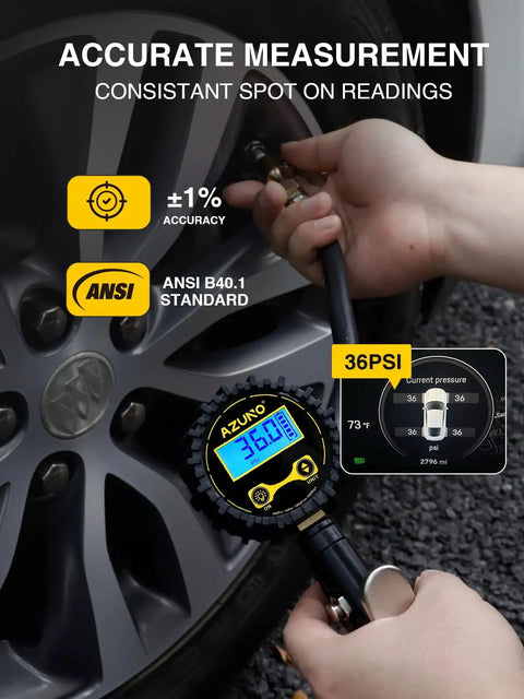 Digital Tire Inflator With Pressure Gauge 200 PSI Heavy Duty Air Compressor inflating car tire with rubber hose and pressure reading display