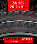 Close-up of 2 Pack 26 By 2.1 Folding Mountain Bike Tires With Schrader Valve Inner Tubes And Tire Levers For Off Road MTB Replacement On 26 Inch Wheels Built Tough For Trail And Mud, showing tire size and inflation details.