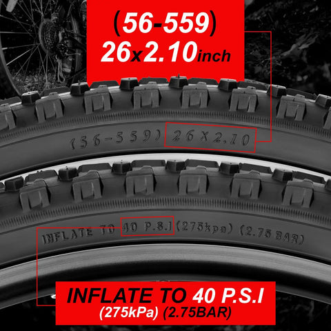 Close-up of 2 Pack 26 By 2.1 Folding Mountain Bike Tires With Schrader Valve Inner Tubes And Tire Levers For Off Road MTB Replacement On 26 Inch Wheels Built Tough For Trail And Mud, showing tire size and inflation details.