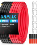6 AWG Battery Cable Set 20ft Black and 20ft Red, Pure Copper Heavy Duty Wire With Terminal Lugs and Heat Shrink Tubing, Built for Cars RVs Boats Inverters Solar and Welding Projects, red and black cables with lugs