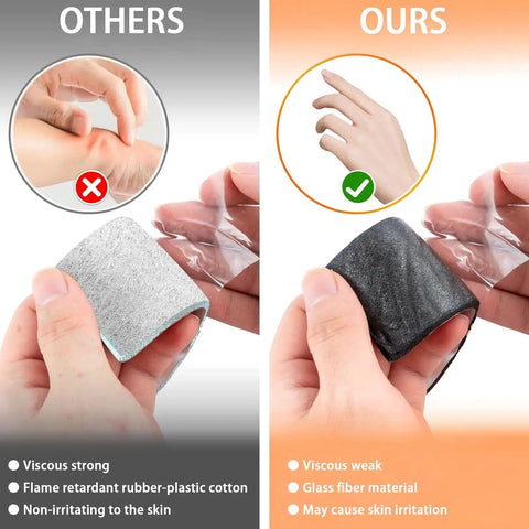Comparison of two pipe insulation wraps; left shows gray rubber-plastic cotton, right shows black glass fiber material.