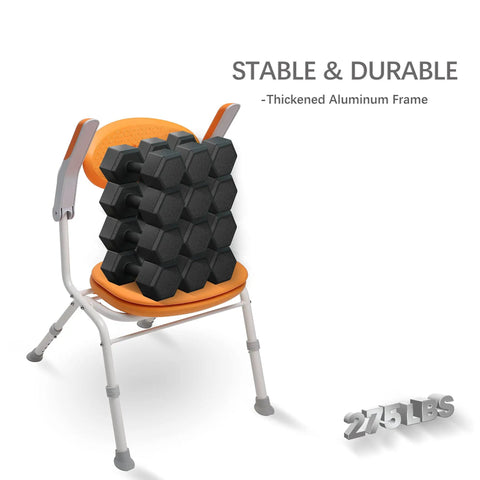 One Click Folding Shower Chair With Height Adjustable Legs, Arms And Back, Detachable EVA Cushioned Seat showing stable aluminum frame