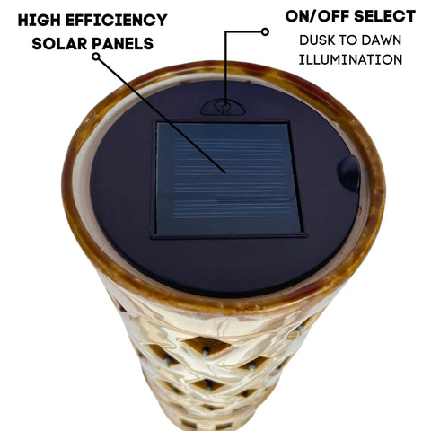 Top view of Ceramic Solar Tiki Torches With Flickering Flame Two Pack Outdoor Solar Lights For Yard And Home Decor IP65 Waterproof