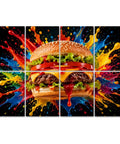Eight Piece Peel And Stick Sound Absorbing Acoustic Panels Featuring Kitschy Burger Artwork Flame Retardant Polyester Wall Tiles Quick Install Setup For Home Studio Or Gaming Room Vibe showing colorful burger design.