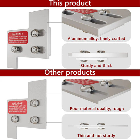 Comparison of generator interlock kits; top shows Generator Interlock Kit For 150 And 200 Amp Electrical Panels, bottom shows inferior product.