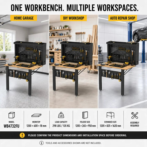 Wall Mounted Fold Down Workbench With Pegboard Organizer in garage, workshop, and auto shop settings, with tools displayed.