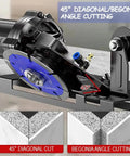 45 Degree Ceramic Stone Chamfering Tool Stand For Angle Grinders in use, showing 45° diagonal and begonia angle cuts