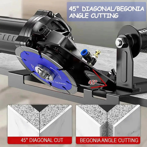 45 Degree Ceramic Stone Chamfering Tool Stand For Angle Grinders in use, showing 45° diagonal and begonia angle cuts