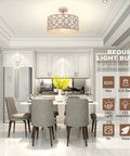 Semi Flush Mount Ceiling Light Fixture With Crystal Accents in a modern kitchen, antique white finish, 16-inch drum shade