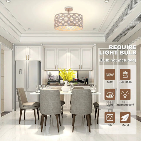 Semi Flush Mount Ceiling Light Fixture With Crystal Accents in a modern kitchen, antique white finish, 16-inch drum shade