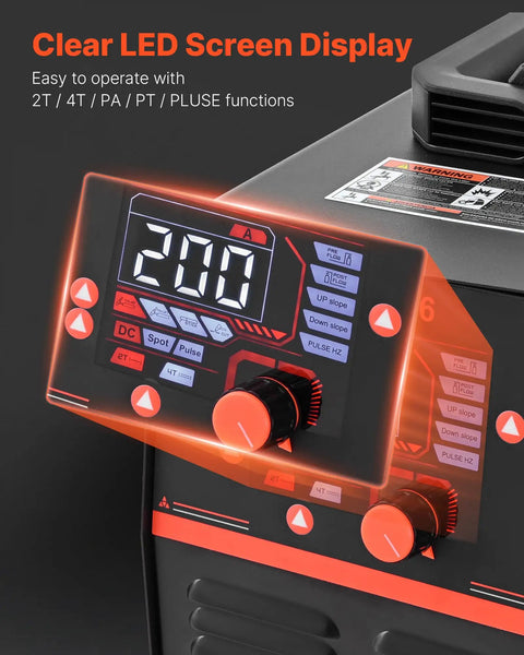 Close-up of digital controls on 3 In 1 Plasma Cutter Welder Combo For Home Shop 50 Amp Plasma 200 Amp TIG MMA Dual Voltage