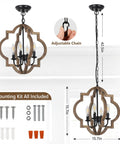 Dope Farmhouse Chandelier 4-Light Pendant Light For Dining Room Table Rustic White Distressed Wood Orb With Black Sockets Perfect For Kitchen Island Living Room And Foyer, showing dimensions and mounting kit.