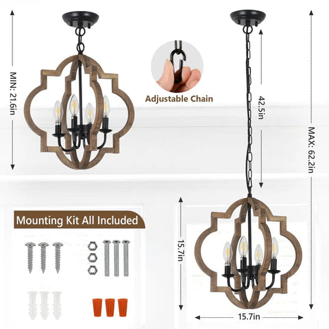 Dope Farmhouse Chandelier 4-Light Pendant Light For Dining Room Table Rustic White Distressed Wood Orb With Black Sockets Perfect For Kitchen Island Living Room And Foyer, showing dimensions and mounting kit.