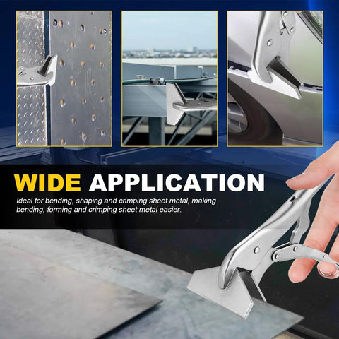 Heavy Duty Locking Sheet Metal Clamp Set Two Pack With Adjustable Opening Nickel Plated Pliers in use on metal sheets
