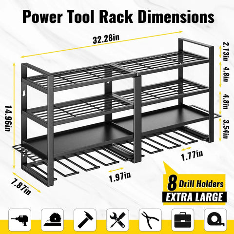 Power Tool Organizer Wall Mount Four Layer Heavy Duty Metal Storage Rack With Eight Drill Holders for garage workshop