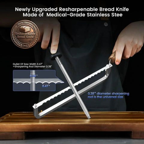 Person demonstrating world's first real bow design sourdough bread slicer with razor sharp edge for crusty loaves on cutting board.
