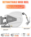 Easy Rewind Retractable Garden Hose Reel With Wall Mount, One Hundred Foot Five Eighth Inch Hose, Nine Function Sprayer Nozzle