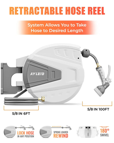 Easy Rewind Retractable Garden Hose Reel With Wall Mount, One Hundred Foot Five Eighth Inch Hose, Nine Function Sprayer Nozzle