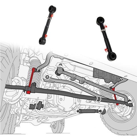 Two black adjustable front sway bar quick disconnects with red pins for Jeep Wrangler TJ/XJ, 2-pack.