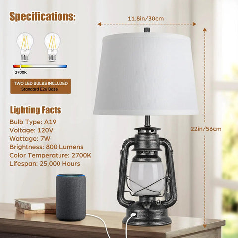 Set Of 2 Farmhouse Table Lamps With USB Port Three Way Dimmable Touch Nightstand Lights Bedside Lamps with Miner Lantern
