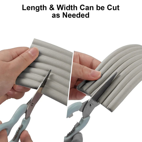 High Density NBR Foam Baby Proofing Edge Protectors being cut for custom fit, showcasing super sticky pre-taped adhesive in classic grey finish.