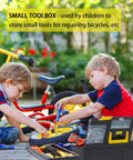 Kids using Four Piece Portable Toolbox Set With Built In Latch Tray And Magnetic Wristband For Home And Pro Repairs, bike tools visible